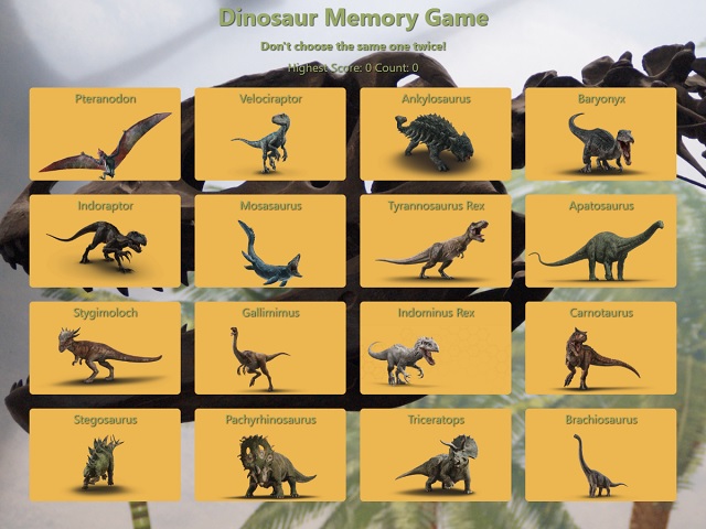 Dinosaur memory game web page